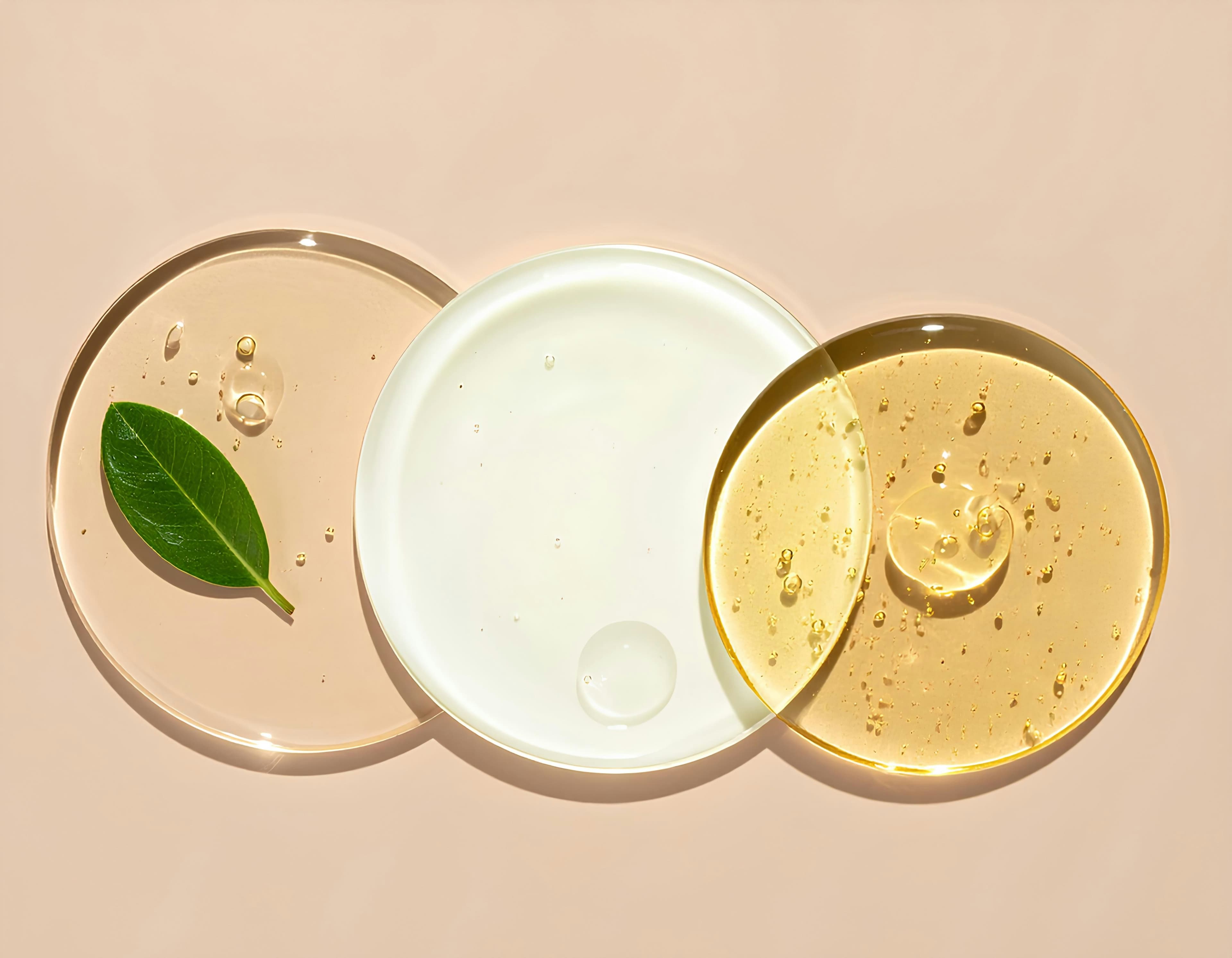 Cosmetic serums arranged on clear circular plates