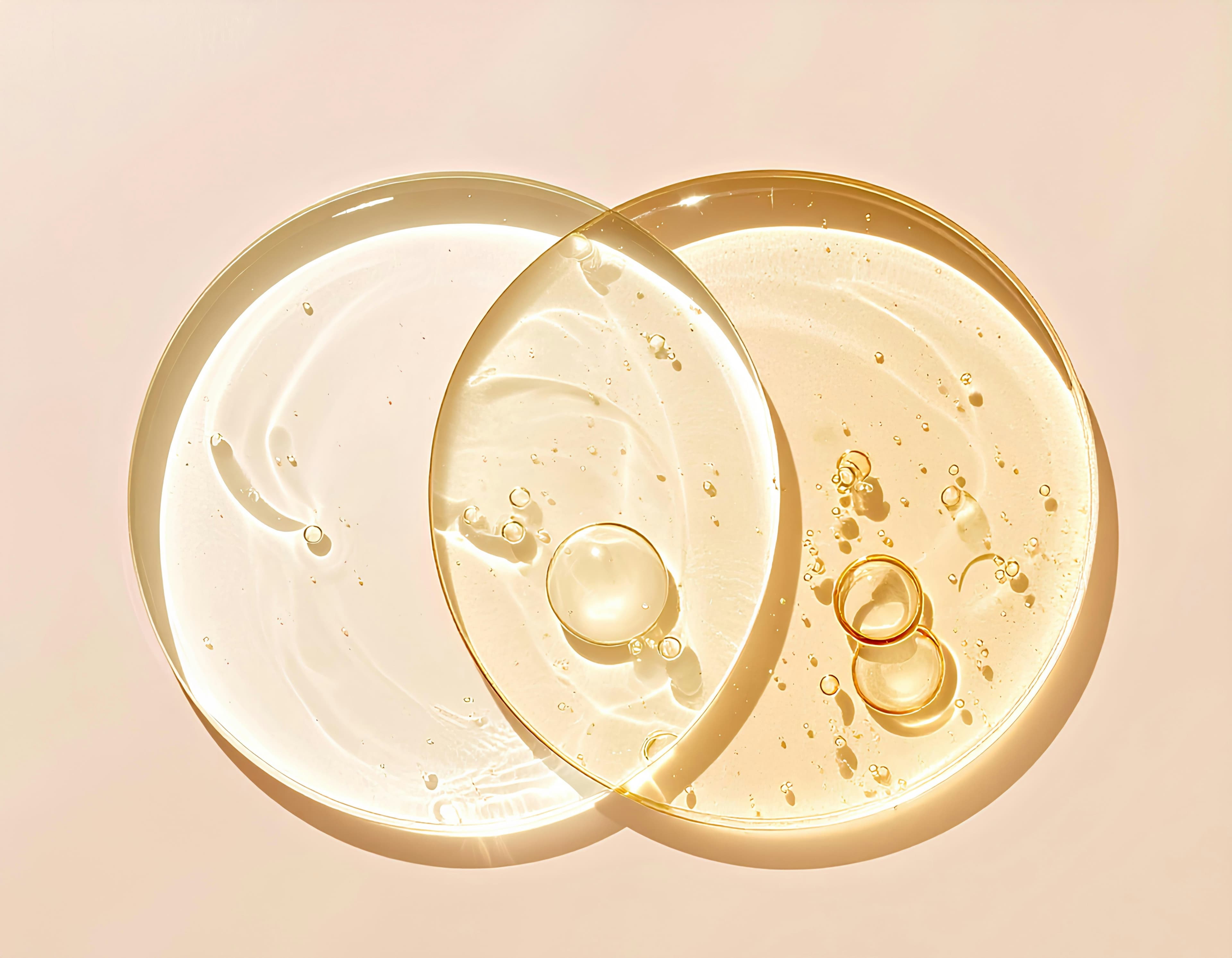 Two viscous cosmetic liquids overlapping on a neutral background