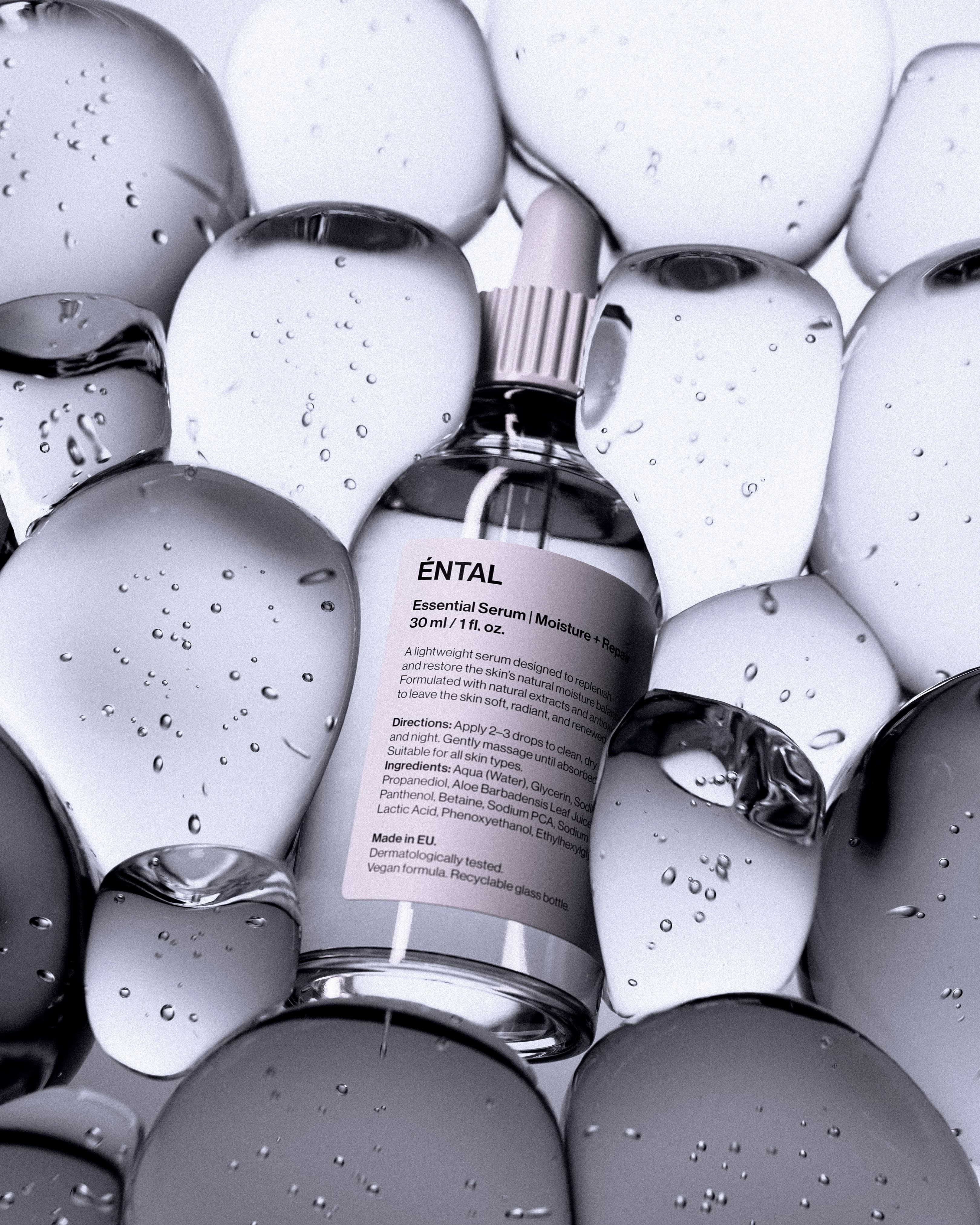 Serum bottle surrounded by clear rounded shapes